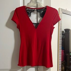 Red lacked v-neck open back short sleeve tee shirt